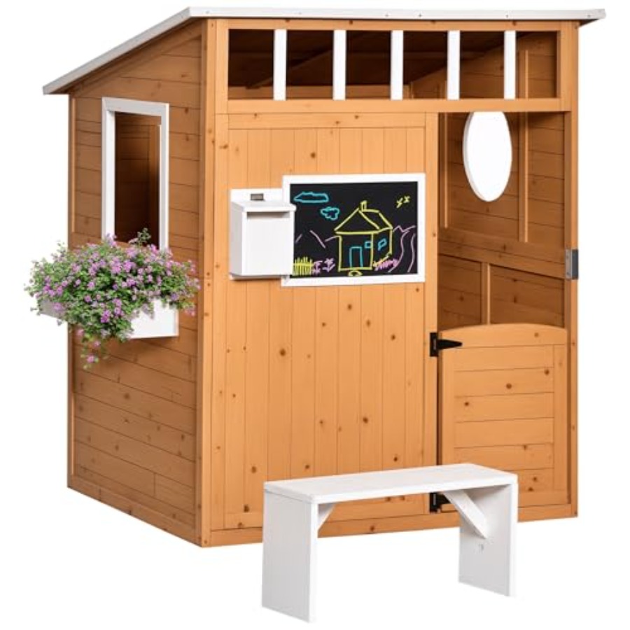 야외용 어린이 목재 놀이집 (작동하는 문, 노란색 마감 - Kids Outdoor Wooden Playhouse 리뷰 및 가격