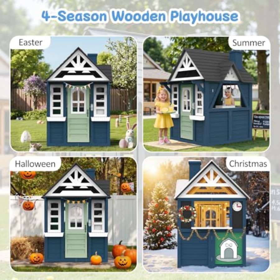 야외용 어린이 놀이집: 나무로 만든, 파란색, 크고 튼 - Kids Outdoor Wooden Playhouse 리뷰 및 가격